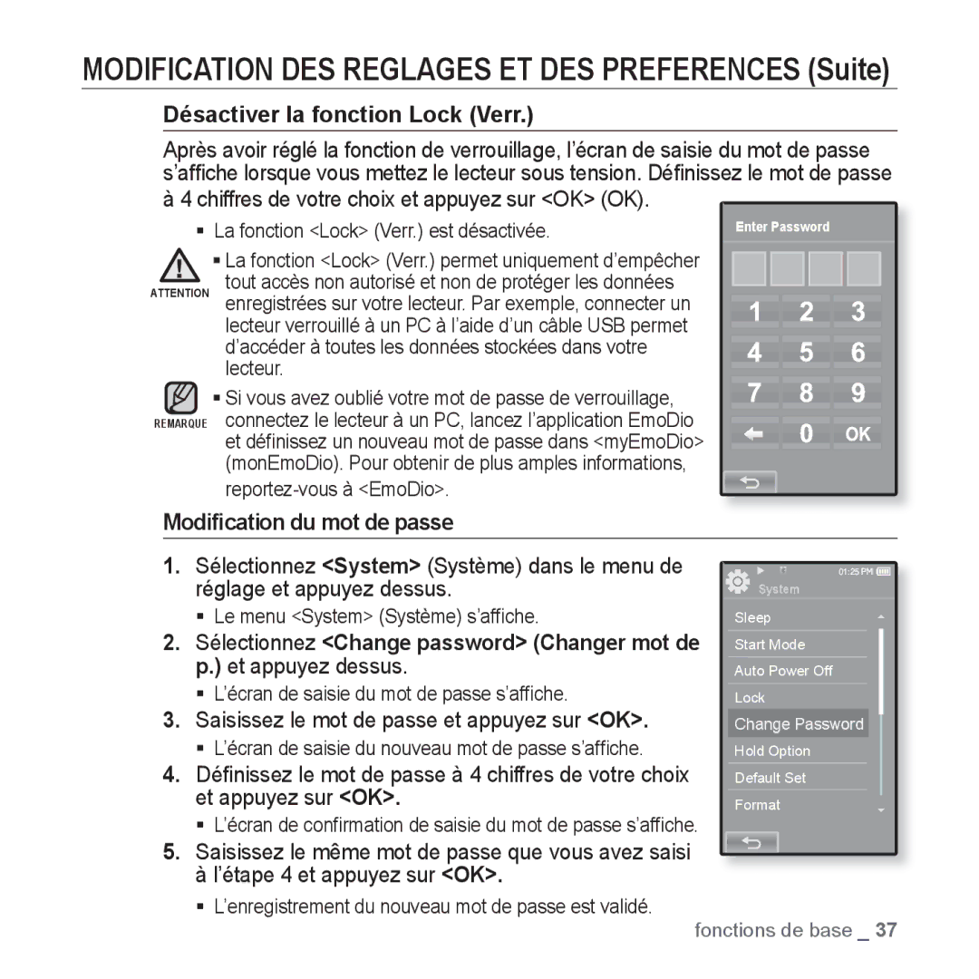 Samsung YP-P2JCW/XEF, YP-P2JCB/XEF, YP-P2JAB/XEF, YP-P2JQB/XEF Désactiver la fonction Lock Verr, Modiﬁcation du mot de passe 