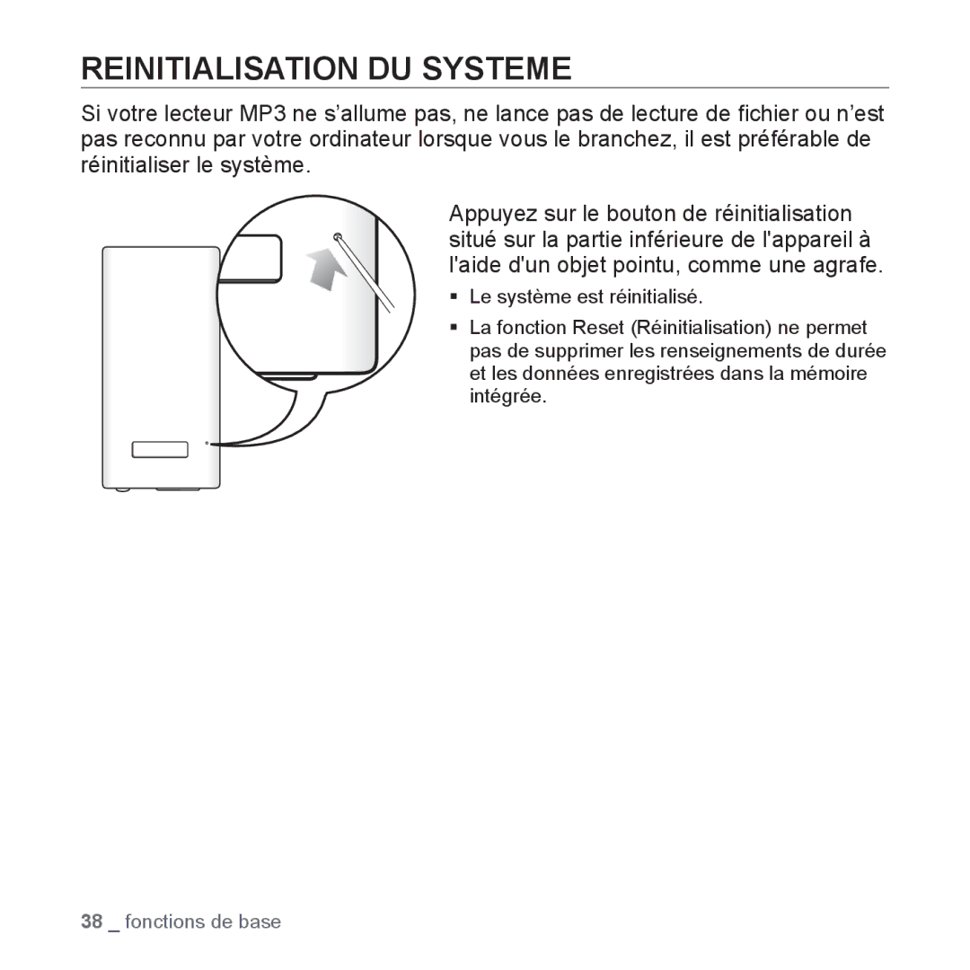 Samsung YP-P2JQB/XEF, YP-P2JCB/XEF, YP-P2JAB/XEF, YP-P2JCW/XEF, YP-P2JEB/XEF manual Reinitialisation DU Systeme 