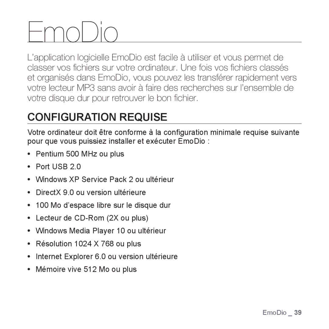 Samsung YP-P2JEB/XEF, YP-P2JCB/XEF, YP-P2JAB/XEF, YP-P2JCW/XEF, YP-P2JQB/XEF manual EmoDio, Configuration Requise 