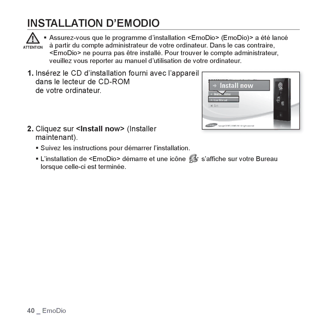 Samsung YP-P2JCB/XEF Installation D’EMODIO, Cliquez sur Install now Installer maintenant, Lorsque celle-ci est terminée 