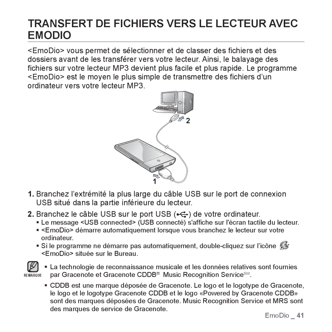 Samsung YP-P2JAB/XEF, YP-P2JCB/XEF, YP-P2JCW/XEF, YP-P2JQB/XEF manual Transfert DE Fichiers Vers LE Lecteur Avec Emodio 