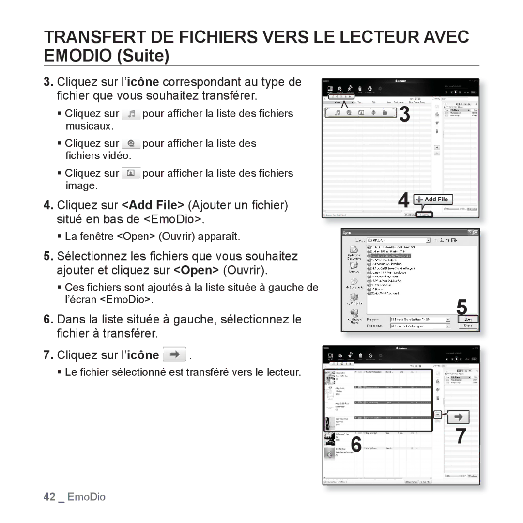 Samsung YP-P2JCW/XEF manual Transfert DE Fichiers Vers LE Lecteur Avec Emodio Suite, ƒ La fenêtre Open Ouvrir apparaît 