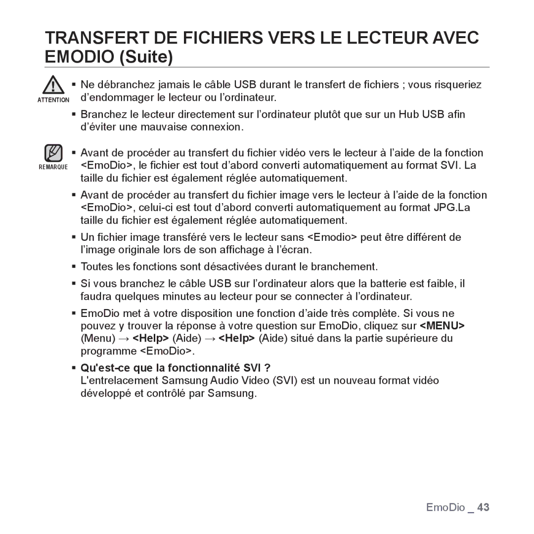 Samsung YP-P2JQB/XEF, YP-P2JCB/XEF, YP-P2JAB/XEF, YP-P2JCW/XEF, YP-P2JEB/XEF manual ƒ Quest-ce que la fonctionnalité SVI ? 