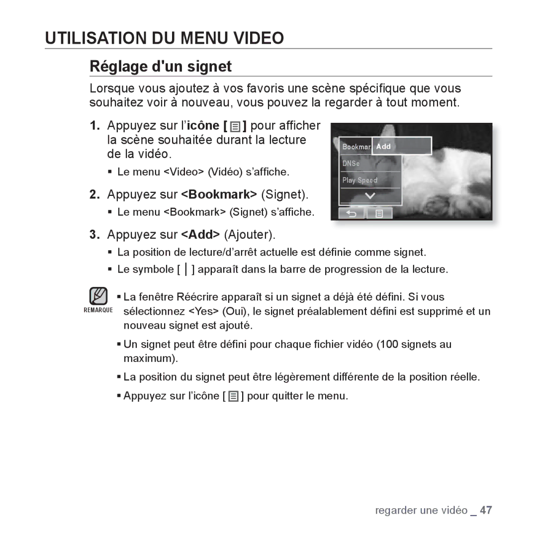 Samsung YP-P2JCW/XEF Utilisation DU Menu Video, Réglage dun signet, Appuyez sur Bookmark Signet, Appuyez sur Add Ajouter 