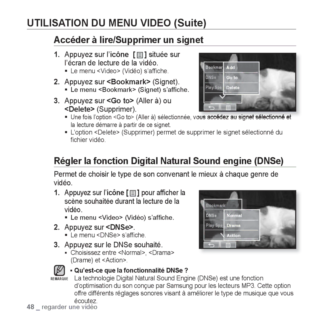 Samsung YP-P2JQB/XEF, YP-P2JCB/XEF, YP-P2JAB/XEF manual Utilisation DU Menu Video Suite, Accéder à lire/Supprimer un signet 