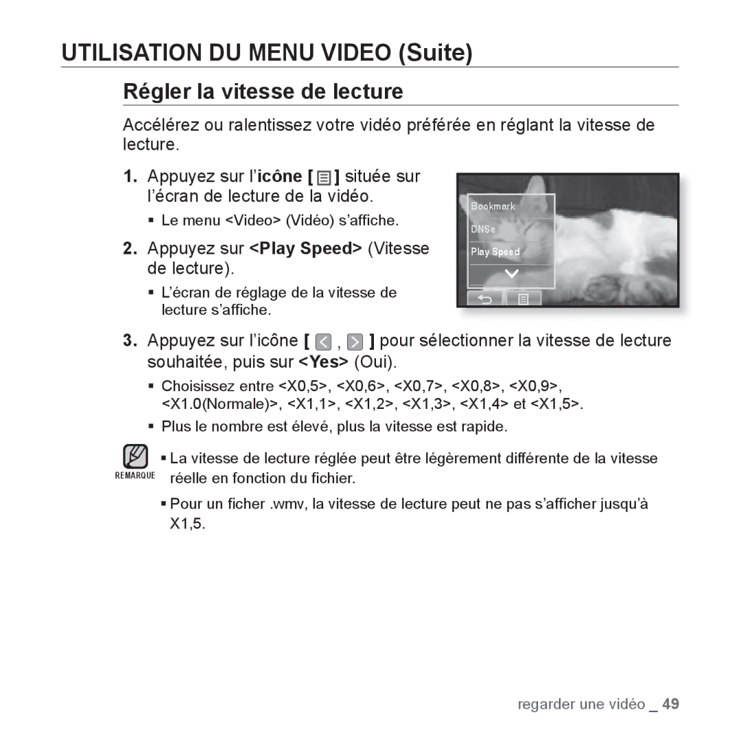 Samsung YP-P2JEB/XEF, YP-P2JCB/XEF, YP-P2JAB/XEF Régler la vitesse de lecture, Appuyez sur Play Speed Vitesse de lecture 