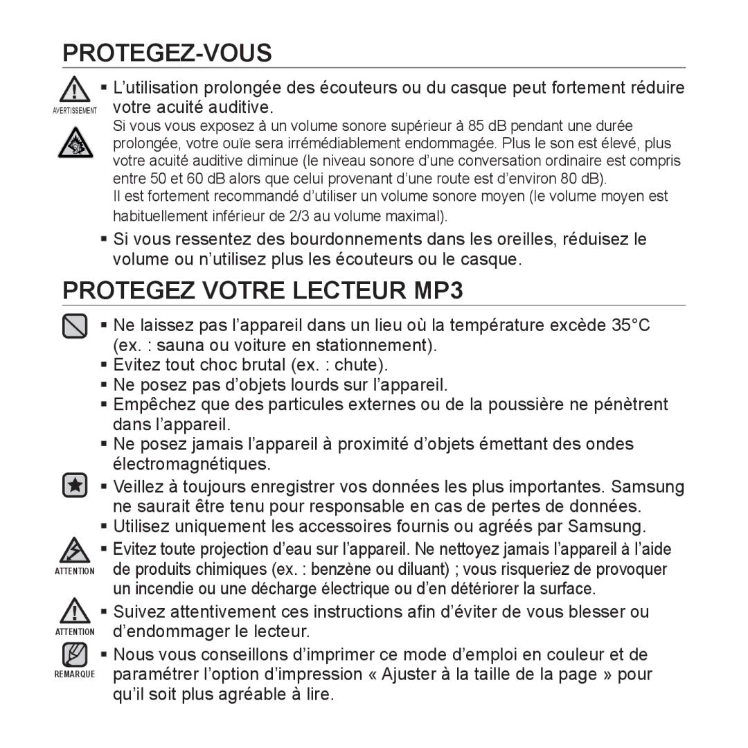 Samsung YP-P2JCB/XEF, YP-P2JAB/XEF, YP-P2JCW/XEF, YP-P2JQB/XEF, YP-P2JEB/XEF manual Protegez Votre Lecteur MP3 