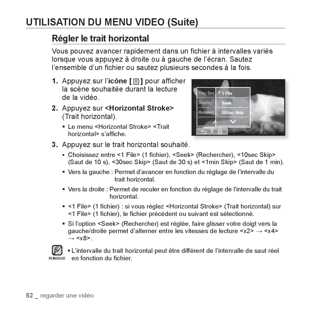 Samsung YP-P2JCW/XEF, YP-P2JCB/XEF, YP-P2JAB/XEF manual Régler le trait horizontal, Appuyez sur le trait horizontal souhaité 