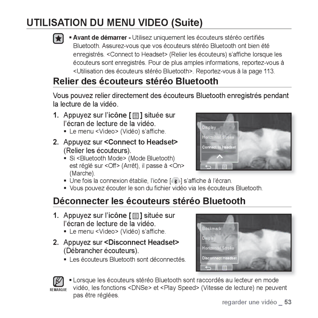 Samsung YP-P2JQB/XEF, YP-P2JCB/XEF manual Relier des écouteurs stéréo Bluetooth, Déconnecter les écouteurs stéréo Bluetooth 