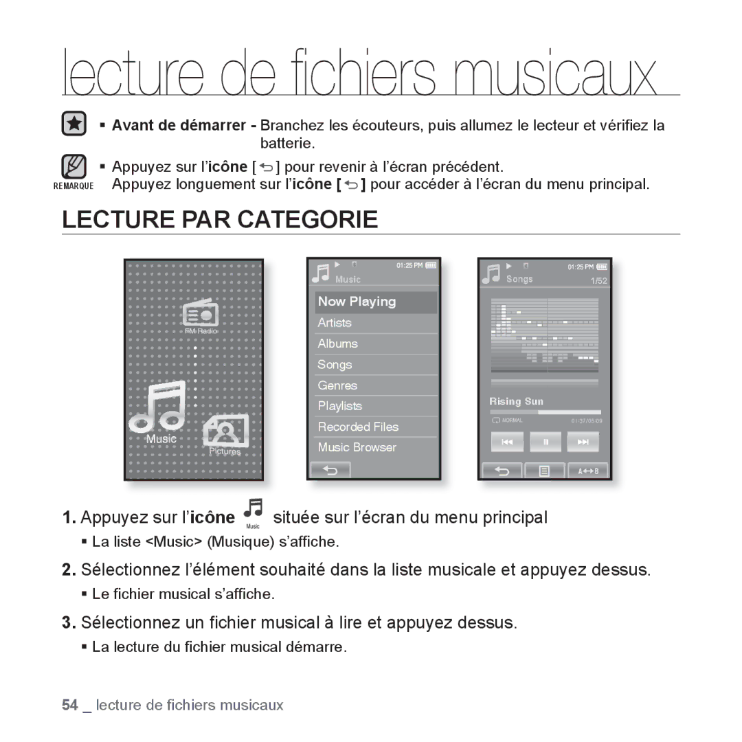 Samsung YP-P2JEB/XEF, YP-P2JCB/XEF manual Lecture PAR Categorie, Sélectionnez un ﬁchier musical à lire et appuyez dessus 