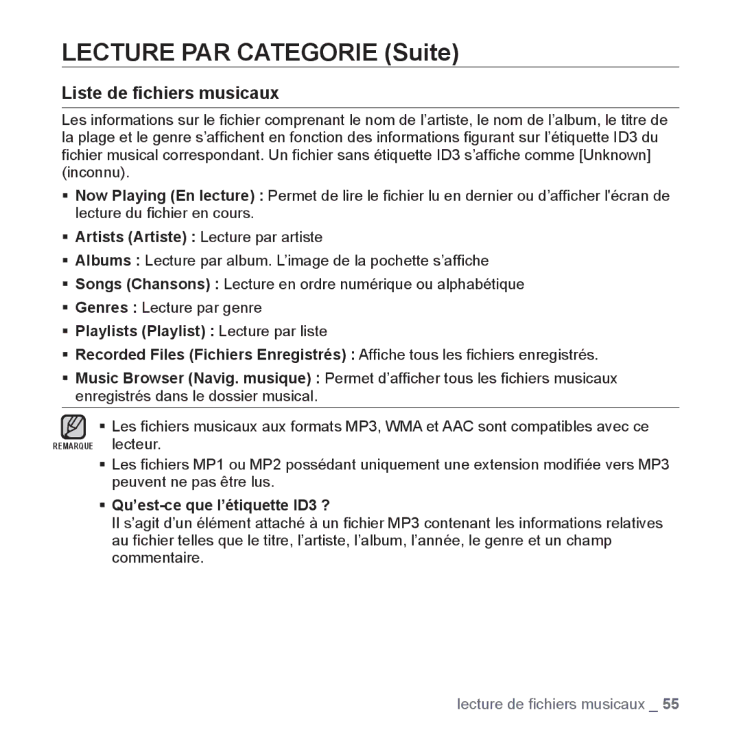 Samsung YP-P2JCB/XEF, YP-P2JAB/XEF, YP-P2JCW/XEF, YP-P2JQB/XEF manual Lecture PAR Categorie Suite, Liste de ﬁchiers musicaux 