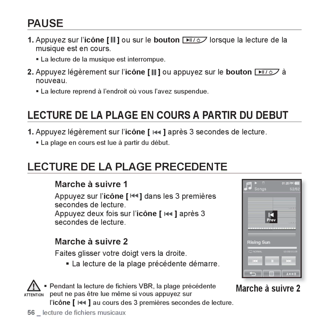 Samsung YP-P2JAB/XEF, YP-P2JCB/XEF manual Lecture DE LA Plage EN Cours a Partir DU Debut, Lecture DE LA Plage Precedente 