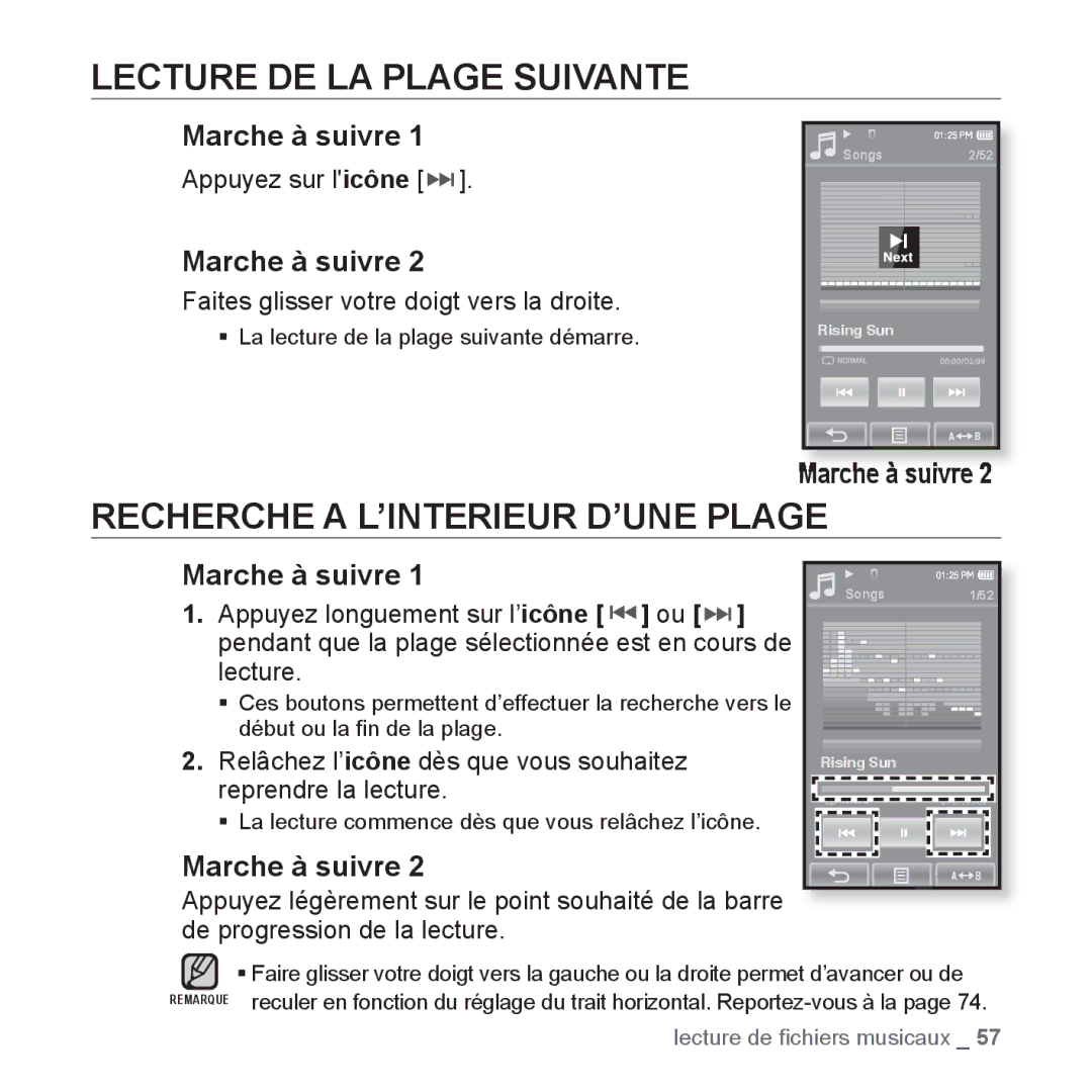 Samsung YP-P2JCW/XEF, YP-P2JCB/XEF, YP-P2JAB/XEF manual Lecture DE LA Plage Suivante, Recherche a L’INTERIEUR D’UNE Plage 