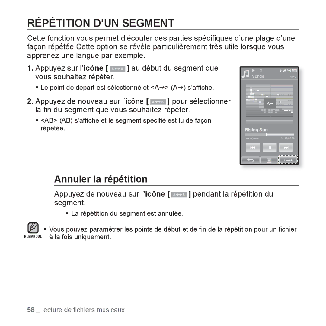 Samsung YP-P2JQB/XEF, YP-P2JCB/XEF, YP-P2JAB/XEF, YP-P2JCW/XEF, YP-P2JEB/XEF Répétition D’UN Segment, Annuler la répétition 