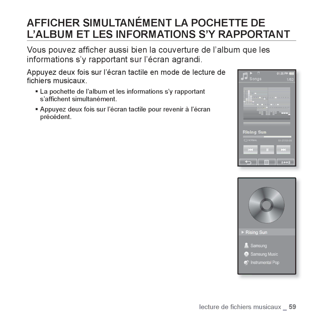 Samsung YP-P2JEB/XEF, YP-P2JCB/XEF, YP-P2JAB/XEF, YP-P2JCW/XEF, YP-P2JQB/XEF manual Lecture de ﬁchiers musicaux 