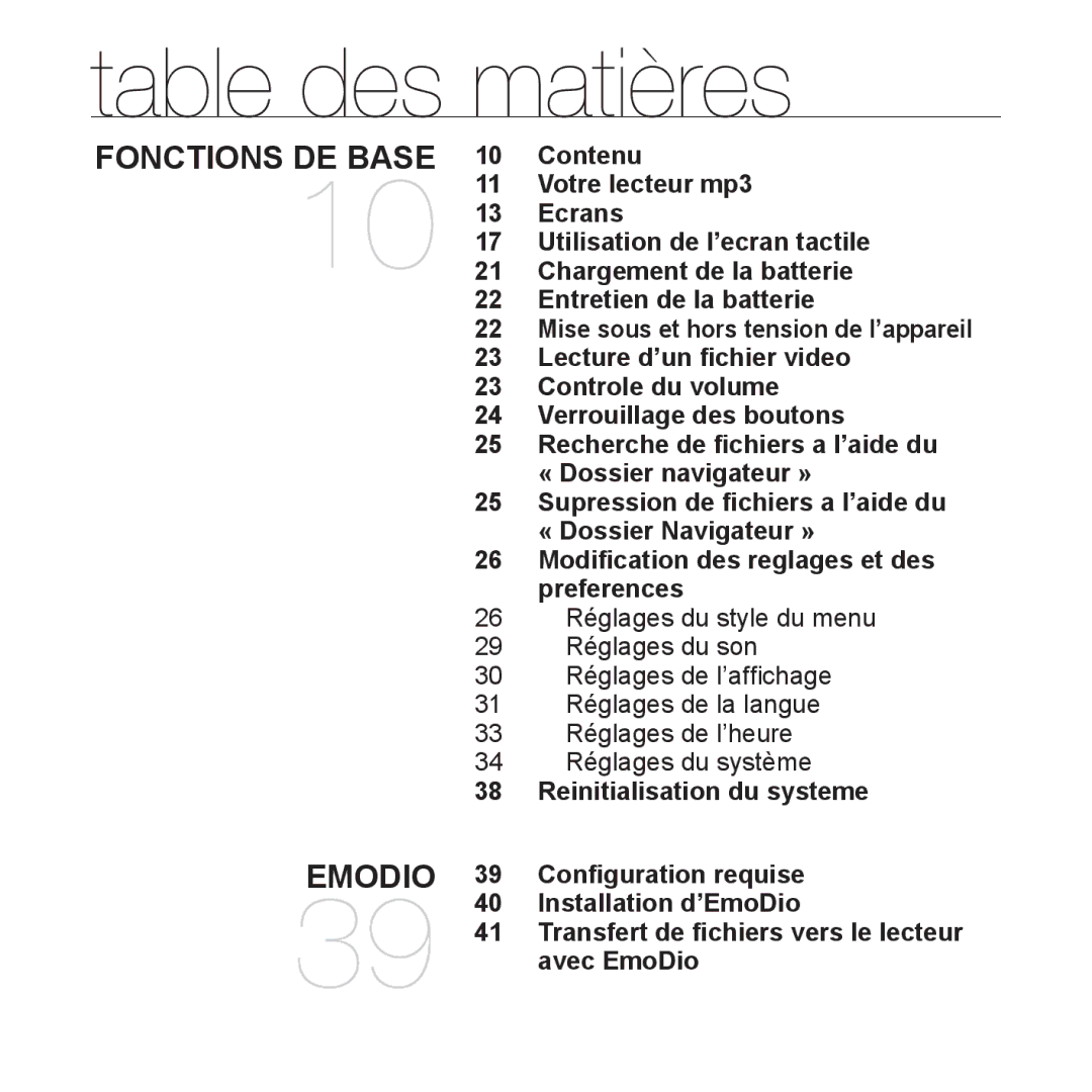 Samsung YP-P2JAB/XEF, YP-P2JCB/XEF, YP-P2JCW/XEF, YP-P2JQB/XEF, YP-P2JEB/XEF Table des matières, Reinitialisation du systeme 