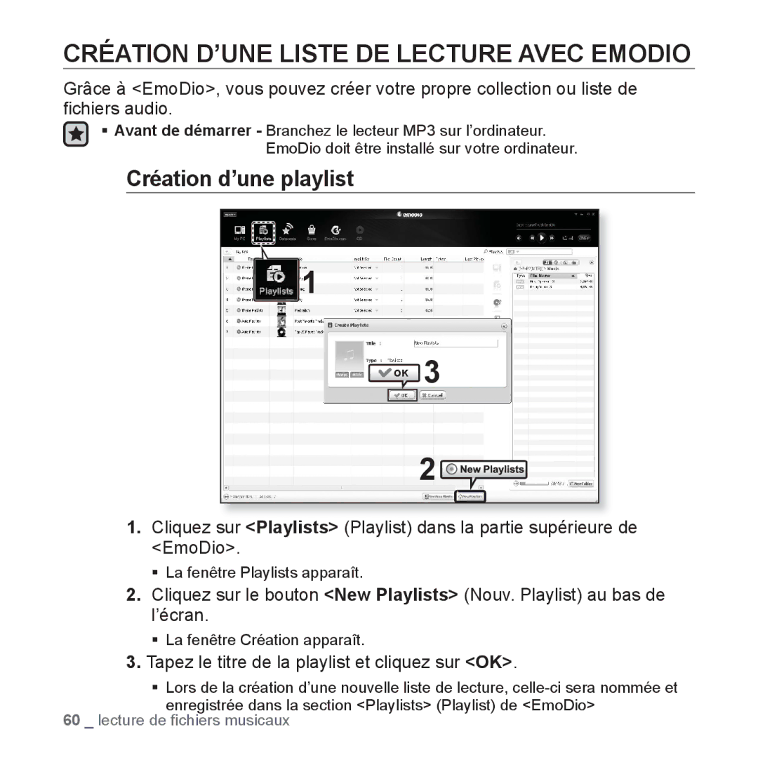 Samsung YP-P2JCB/XEF Création D’UNE Liste DE Lecture Avec Emodio, Création d’une playlist, ƒ La fenêtre Playlists apparaît 