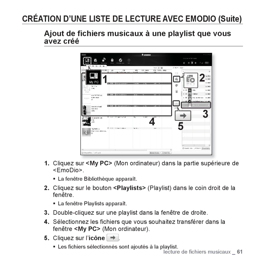 Samsung YP-P2JAB/XEF manual Ajout de ﬁchiers musicaux à une playlist que vous avez créé, ƒ La fenêtre Bibliothèque apparaît 