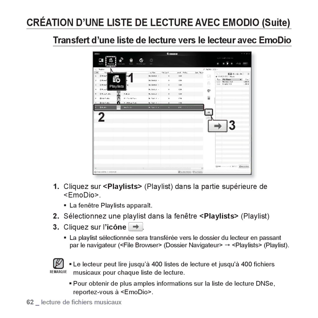 Samsung YP-P2JCW/XEF, YP-P2JCB/XEF, YP-P2JAB/XEF, YP-P2JQB/XEF Transfert d’une liste de lecture vers le lecteur avec EmoDio 