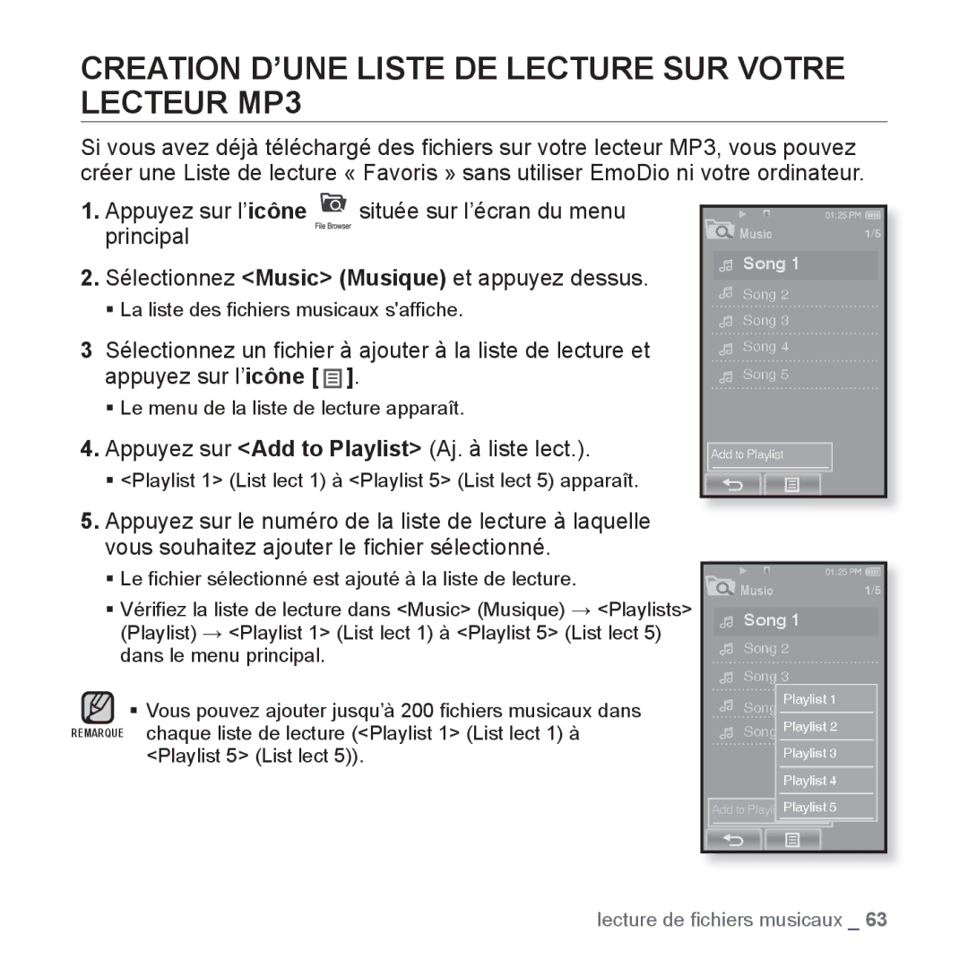 Samsung YP-P2JQB/XEF Creation D’UNE Liste DE Lecture SUR Votre Lecteur MP3, Appuyez sur Add to Playlist Aj. à liste lect 