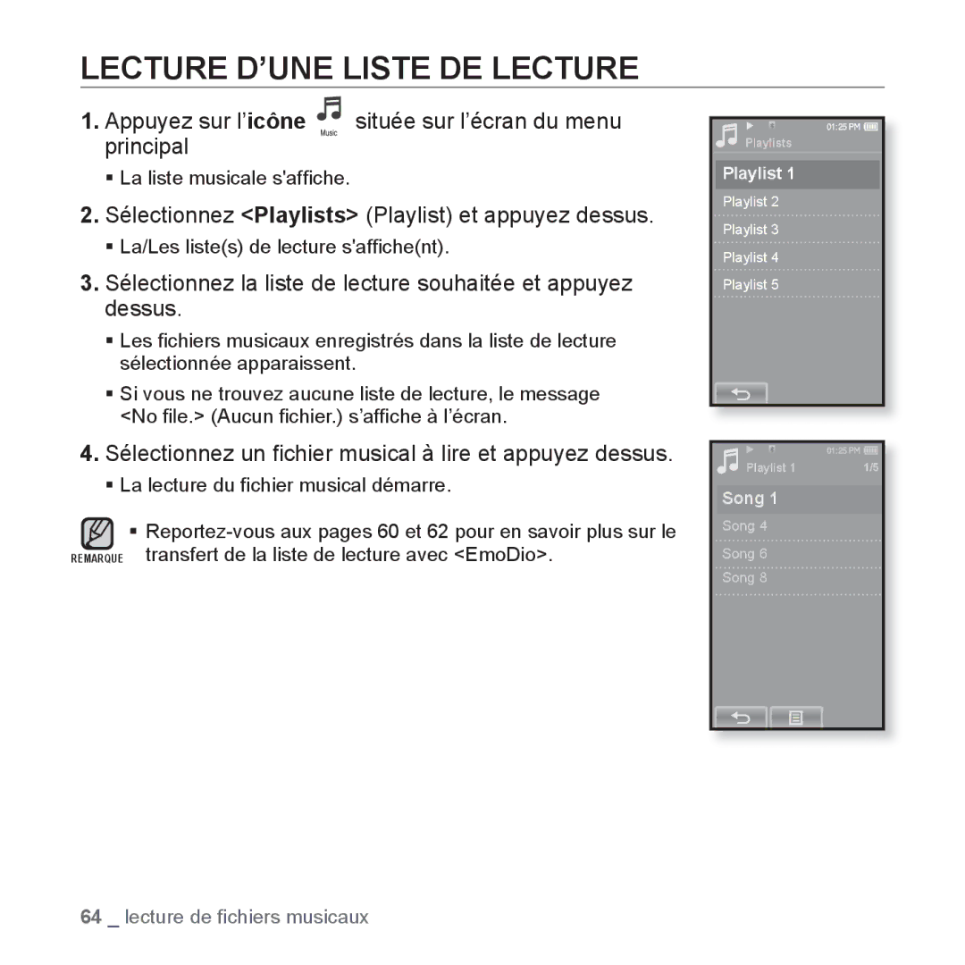 Samsung YP-P2JEB/XEF, YP-P2JCB/XEF manual Lecture D’UNE Liste DE Lecture, Sélectionnez Playlists Playlist et appuyez dessus 