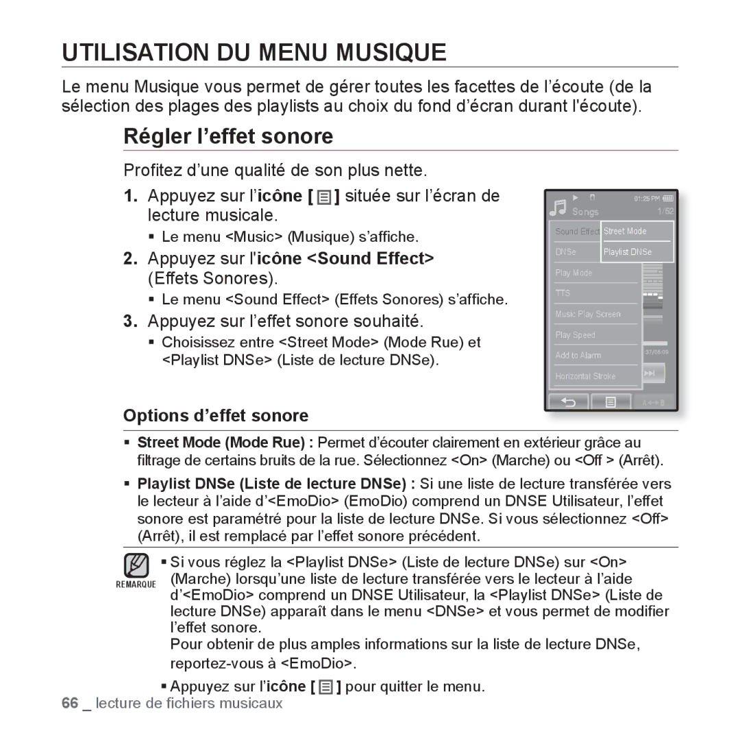 Samsung YP-P2JAB/XEF Utilisation DU Menu Musique, Régler l’effet sonore, Appuyez sur licône Sound Effect Effets Sonores 