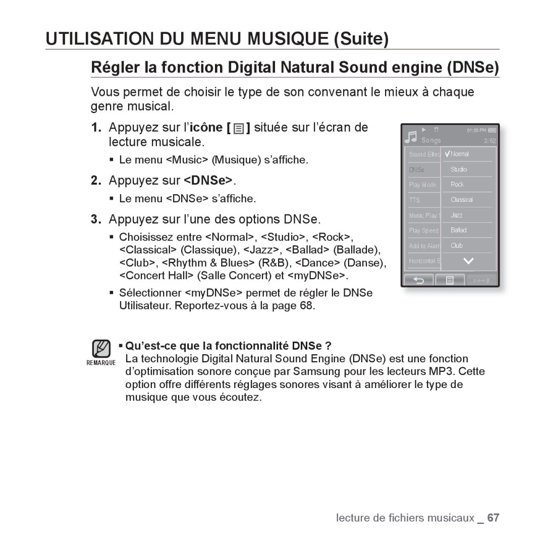 Samsung YP-P2JCW/XEF manual Utilisation DU Menu Musique Suite, Appuyez sur l’une des options DNSe, Musique que vous écoutez 