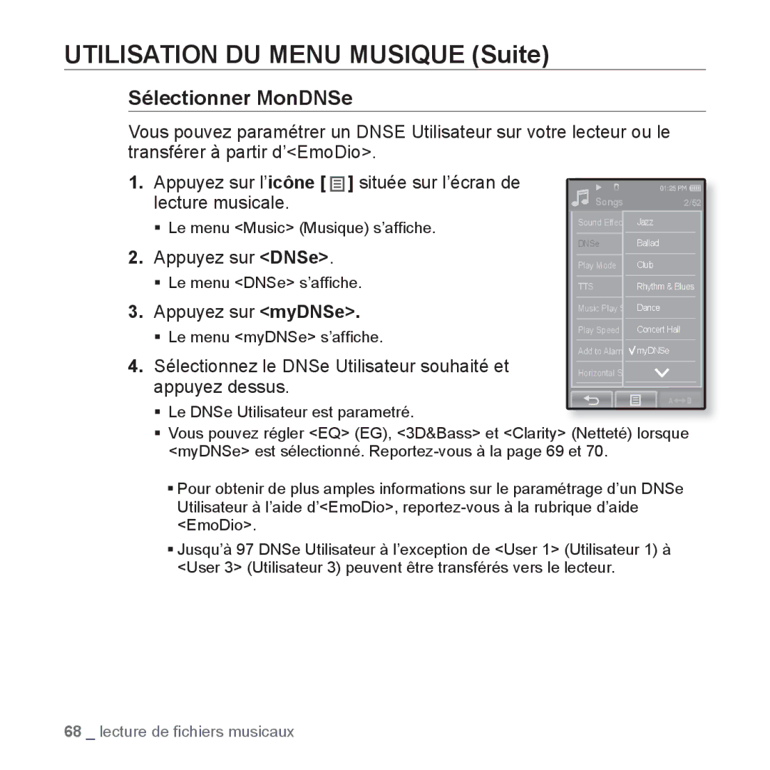 Samsung YP-P2JQB/XEF, YP-P2JCB/XEF manual Appuyez sur myDNSe, Sélectionnez le DNSe Utilisateur souhaité et appuyez dessus 