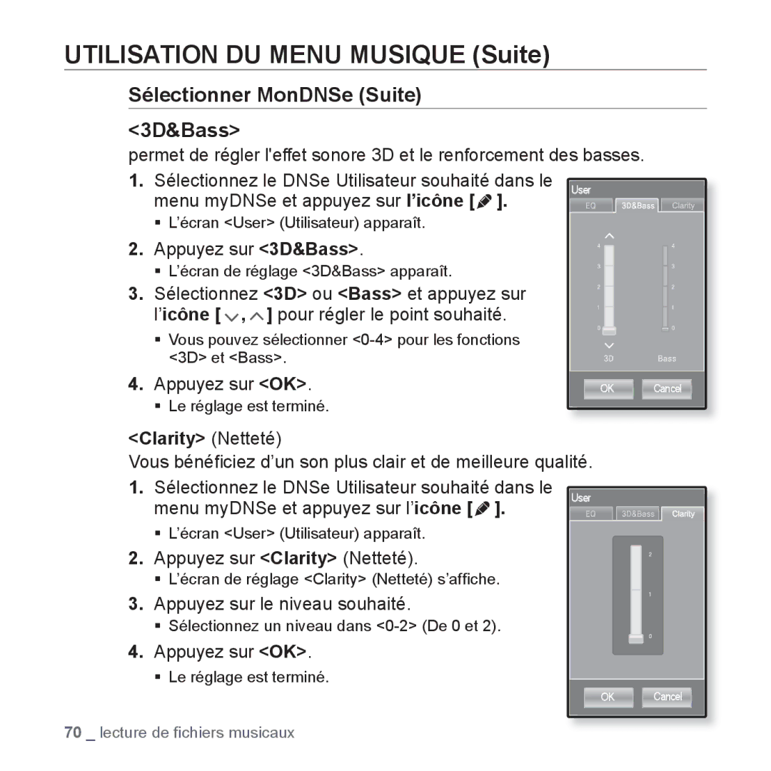 Samsung YP-P2JCB/XEF, YP-P2JAB/XEF Appuyez sur 3D&Bass, Appuyez sur Clarity Netteté, Appuyez sur le niveau souhaité 