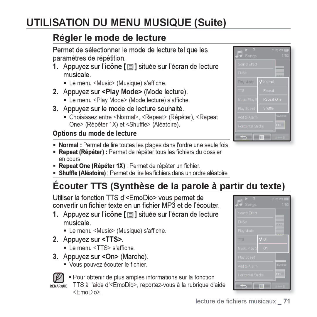 Samsung YP-P2JAB/XEF, YP-P2JCB/XEF manual Régler le mode de lecture, Écouter TTS Synthèse de la parole à partir du texte 