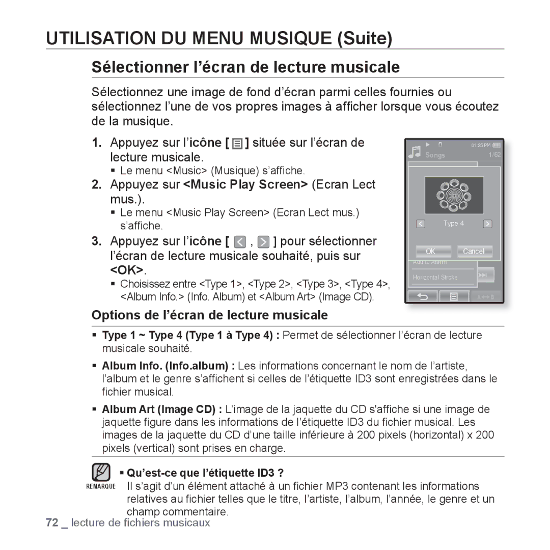 Samsung YP-P2JCW/XEF, YP-P2JCB/XEF Sélectionner l’écran de lecture musicale, Appuyez sur Music Play Screen Ecran Lect mus 