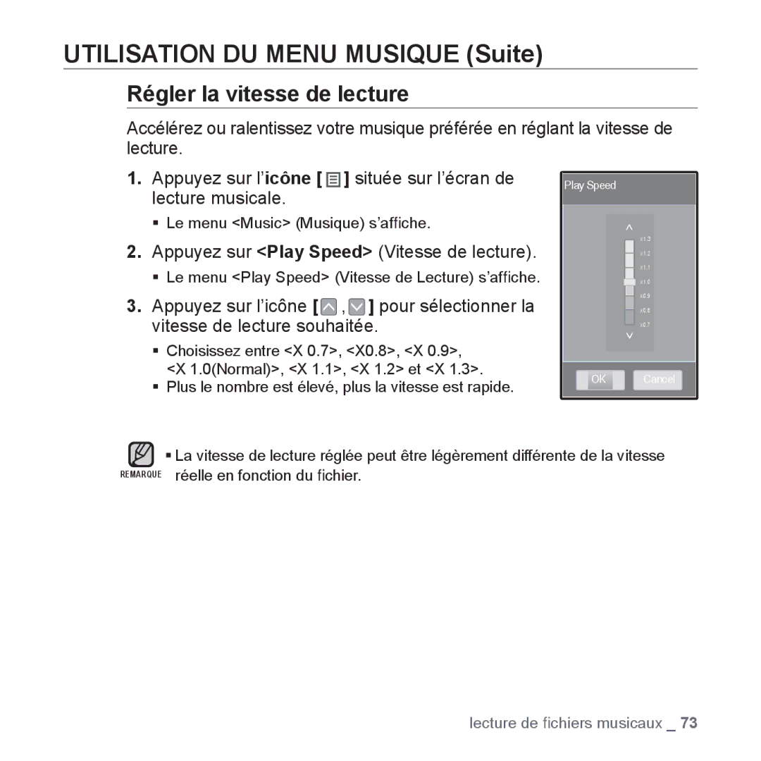 Samsung YP-P2JQB/XEF manual Appuyez sur Play Speed Vitesse de lecture, ƒ Le menu Play Speed Vitesse de Lecture s’afﬁche 