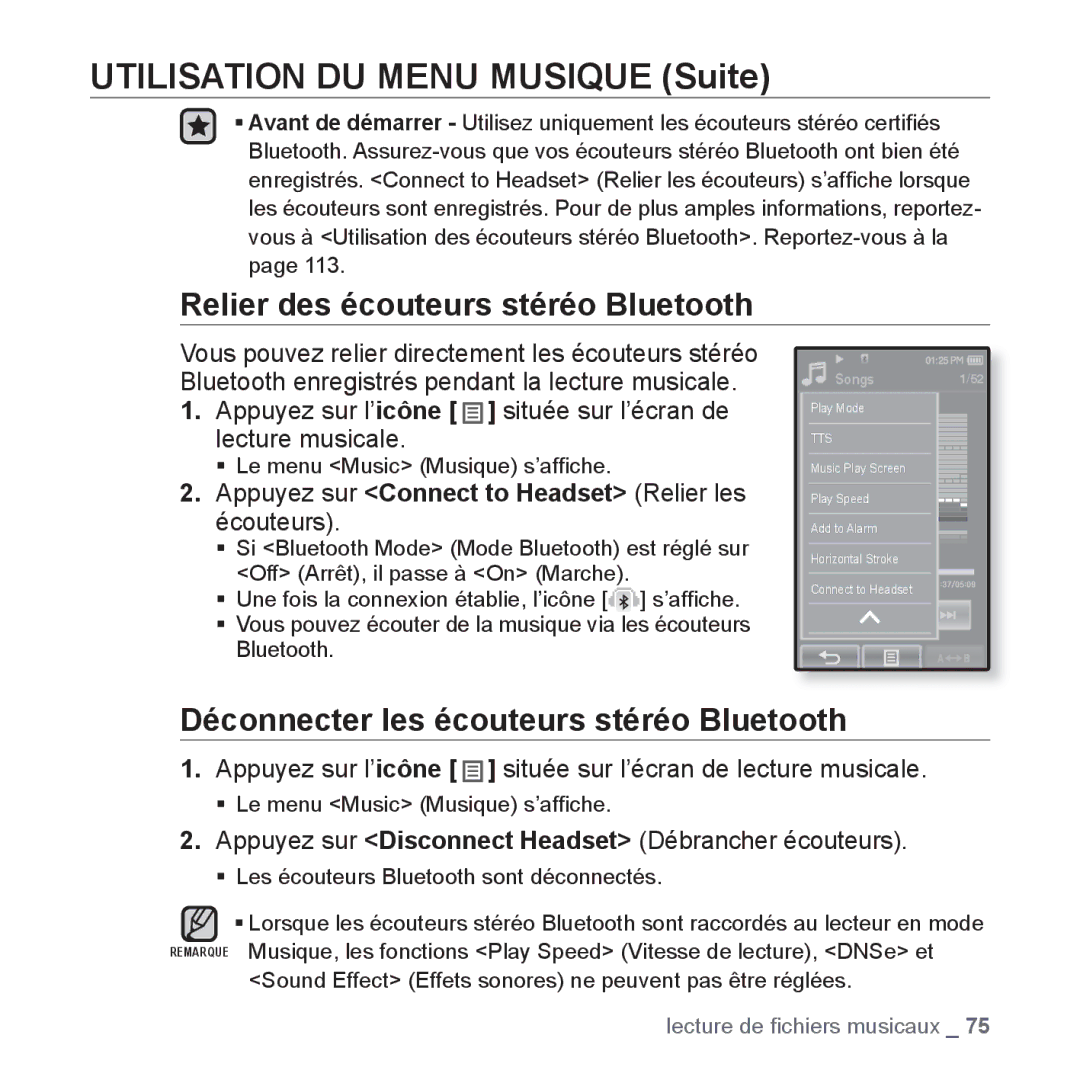 Samsung YP-P2JCB/XEF, YP-P2JAB/XEF, YP-P2JCW/XEF, YP-P2JQB/XEF manual Appuyez sur Connect to Headset Relier les écouteurs 