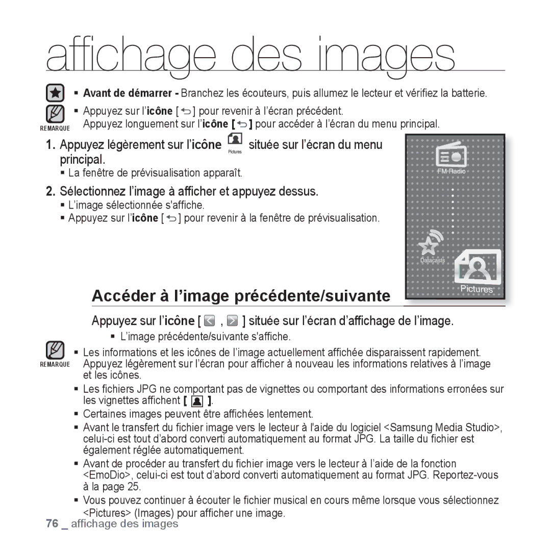 Samsung YP-P2JAB/XEF Afﬁchage des images, Accéder à l’image précédente/suivante, Située sur l’écran du menu Principal 