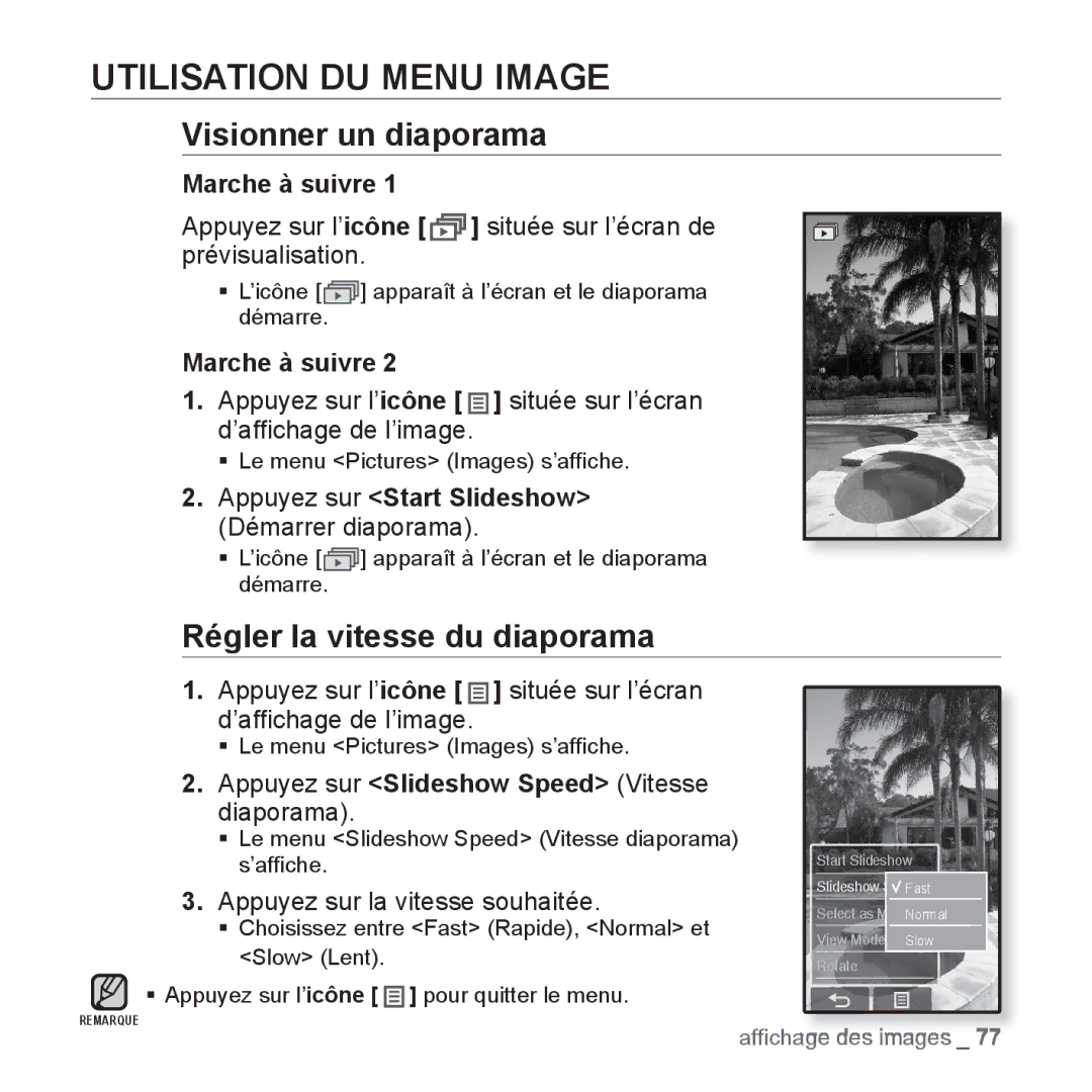 Samsung YP-P2JCW/XEF, YP-P2JCB/XEF manual Utilisation DU Menu Image, Visionner un diaporama, Régler la vitesse du diaporama 