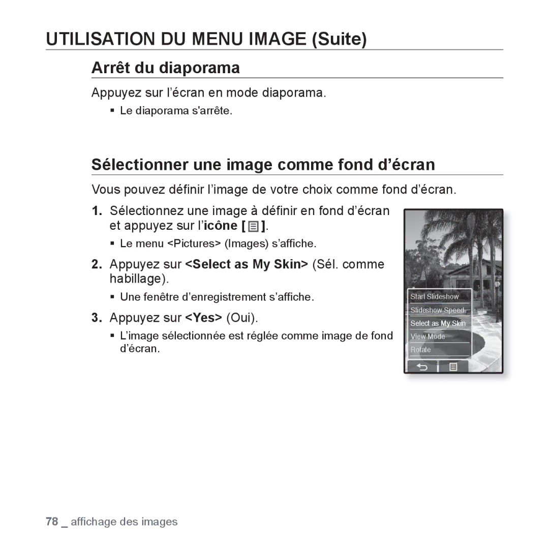 Samsung YP-P2JQB/XEF manual Utilisation DU Menu Image Suite, Arrêt du diaporama, Sélectionner une image comme fond d’écran 