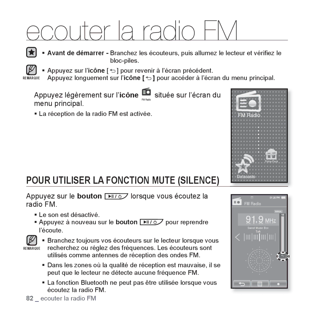 Samsung YP-P2JCW/XEF manual Ecouter la radio FM, Pour Utiliser LA Fonction Mute Silence, Appuyez légèrement sur l’ icône 