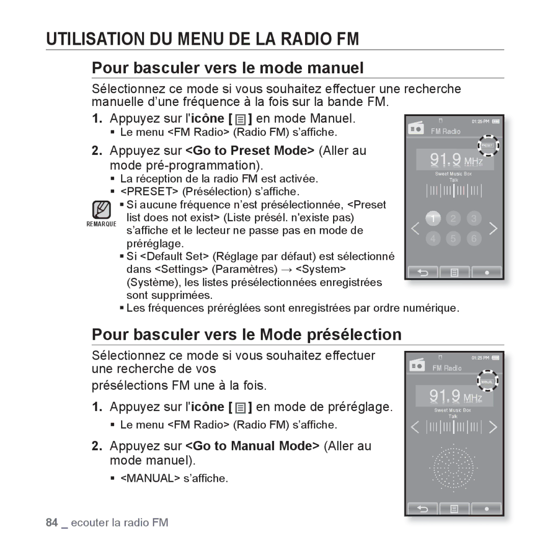 Samsung YP-P2JEB/XEF, YP-P2JCB/XEF, YP-P2JAB/XEF manual Utilisation DU Menu DE LA Radio FM, Pour basculer vers le mode manuel 