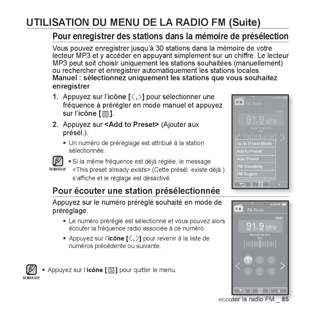 Samsung YP-P2JCB/XEF, YP-P2JAB/XEF manual Utilisation DU Menu DE LA Radio FM Suite, ’afﬁche et le réglage est désactivé 