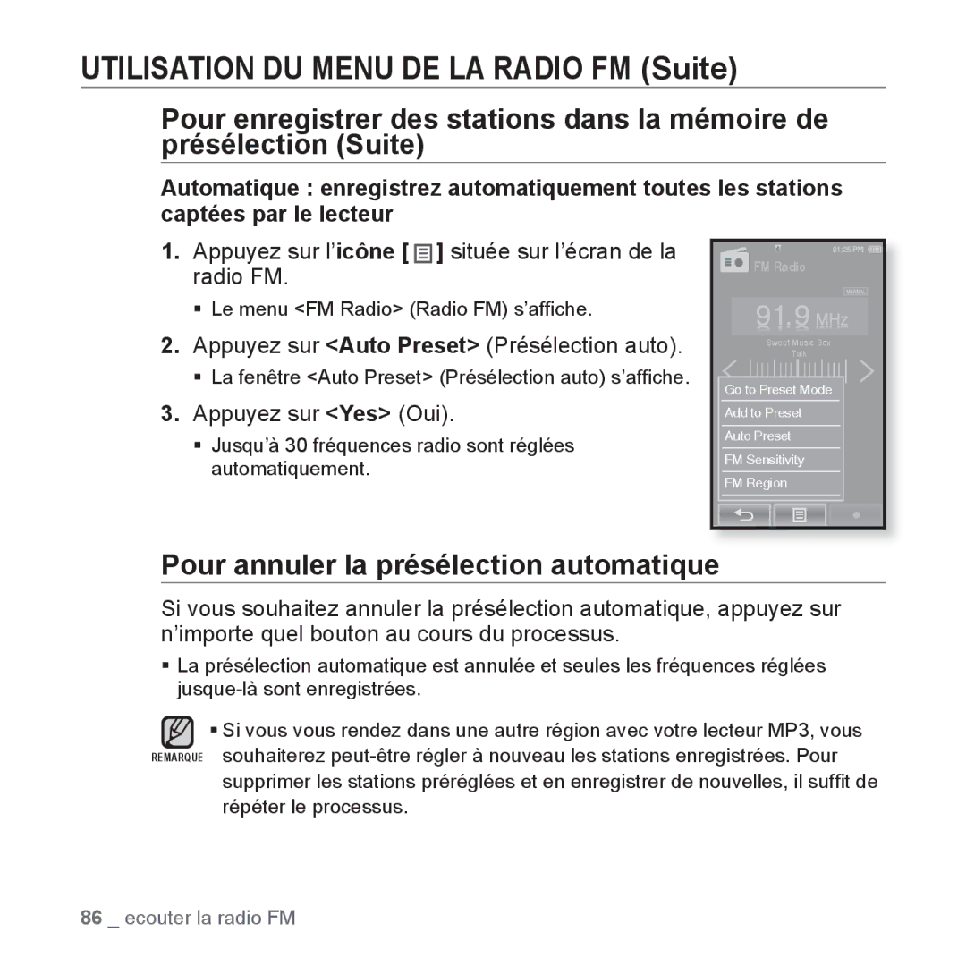 Samsung YP-P2JAB/XEF manual Pour annuler la présélection automatique, Appuyez sur l’icône située sur l’écran de la radio FM 