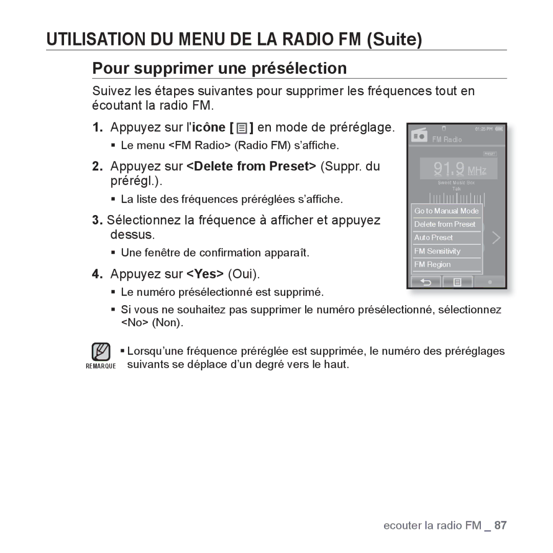 Samsung YP-P2JCW/XEF, YP-P2JCB/XEF manual Pour supprimer une présélection, Appuyez sur Delete from Preset Suppr. du prérégl 