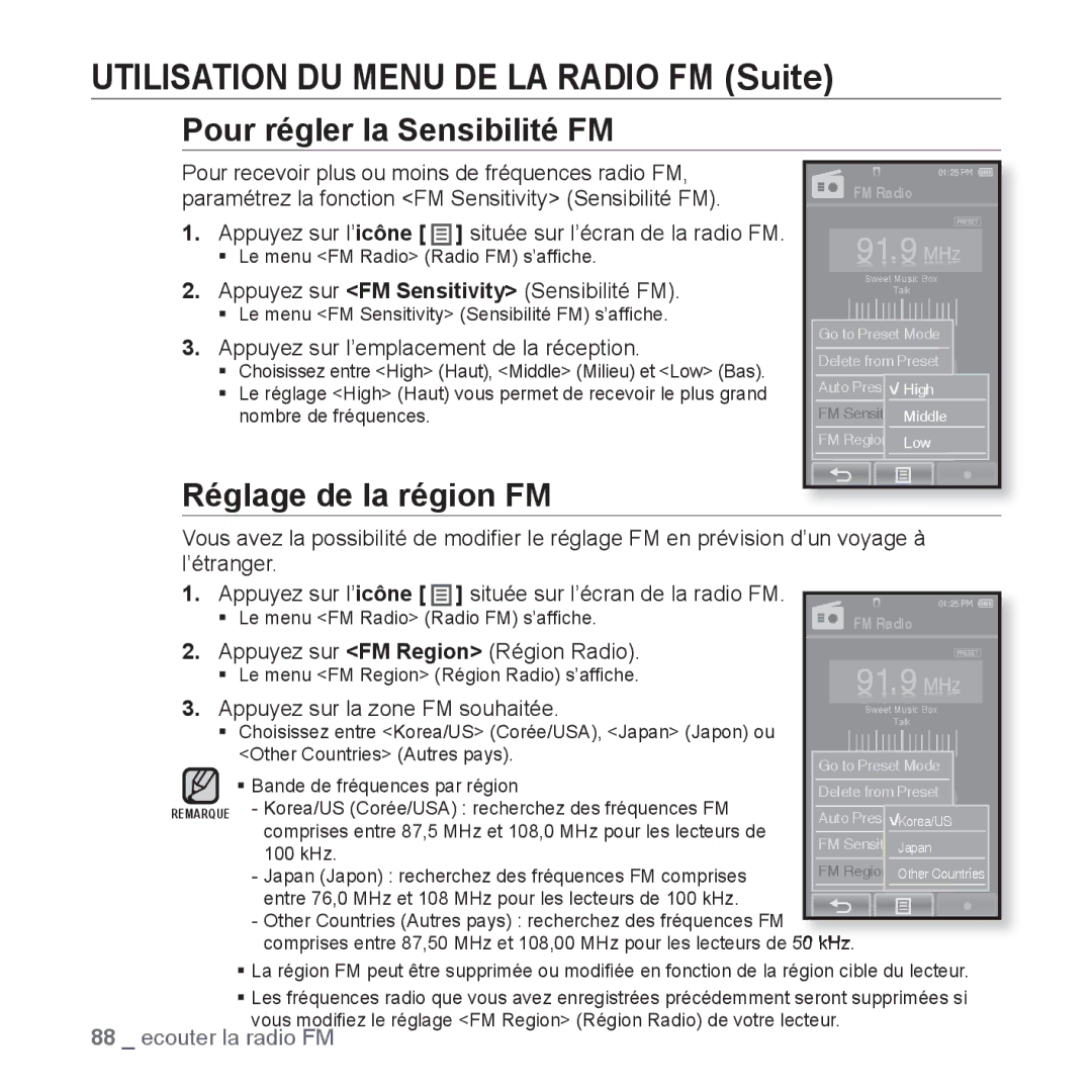 Samsung YP-P2JQB/XEF, YP-P2JCB/XEF, YP-P2JAB/XEF, YP-P2JCW/XEF manual Pour régler la Sensibilité FM, Réglage de la région FM 