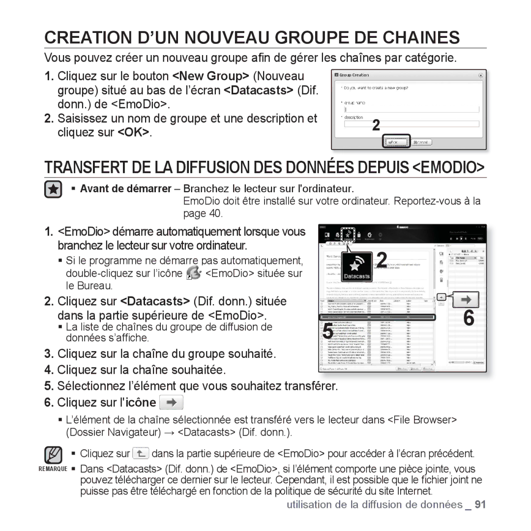 Samsung YP-P2JAB/XEF manual Creation D’UN Nouveau Groupe DE Chaines, Transfert DE LA Diffusion DES Données Depuis Emodio 