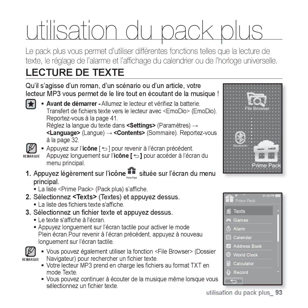 Samsung YP-P2JQB/XEF, YP-P2JCB/XEF Utilisation du pack plus, Lecture DE Texte, Sélectionnez Texts Textes et appuyez dessus 