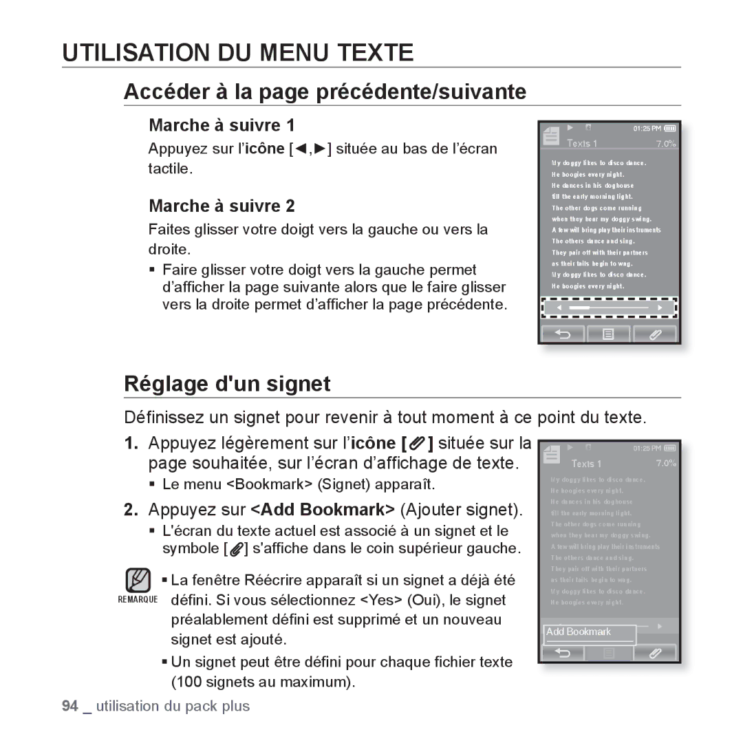 Samsung YP-P2JEB/XEF Utilisation DU Menu Texte, Accéder à la page précédente/suivante, ƒ Le menu Bookmark Signet apparaît 