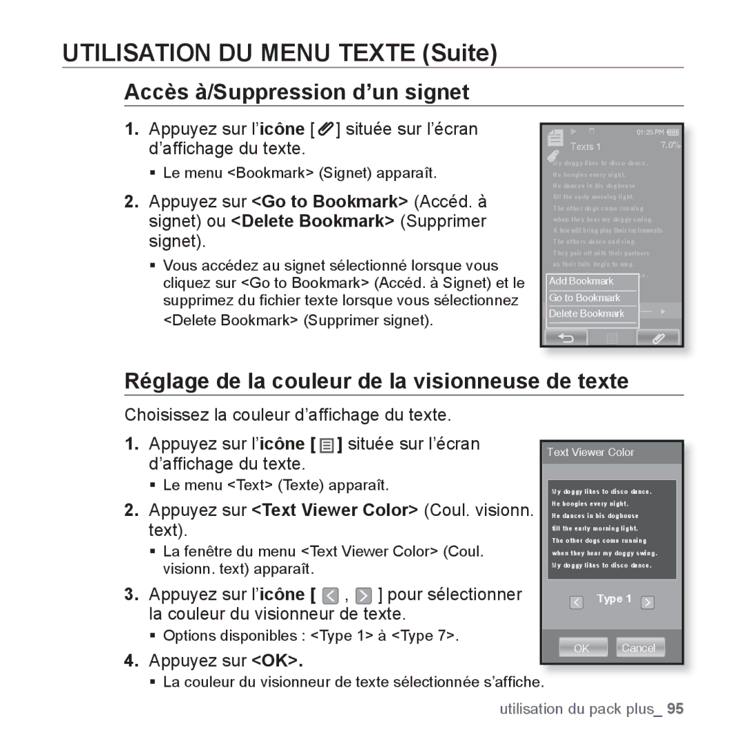 Samsung YP-P2JCB/XEF, YP-P2JAB/XEF, YP-P2JCW/XEF manual Utilisation DU Menu Texte Suite, Accès à/Suppression d’un signet 