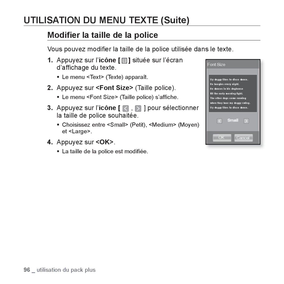 Samsung YP-P2JAB/XEF, YP-P2JCB/XEF Modiﬁer la taille de la police, ’afﬁchage du texte, Appuyez sur Font Size Taille police 