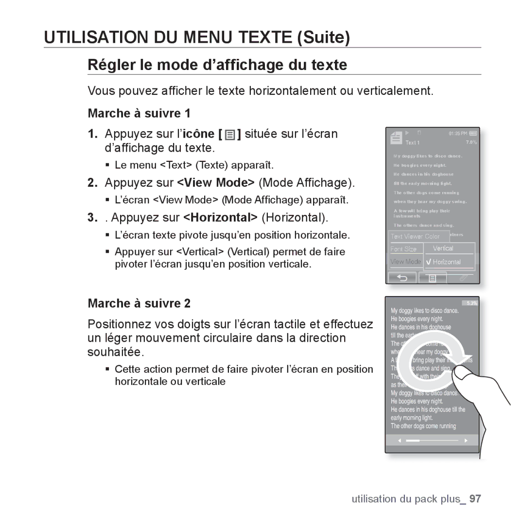 Samsung YP-P2JCW/XEF, YP-P2JCB/XEF, YP-P2JAB/XEF manual Régler le mode d’afﬁchage du texte, Appuyez sur Horizontal Horizontal 