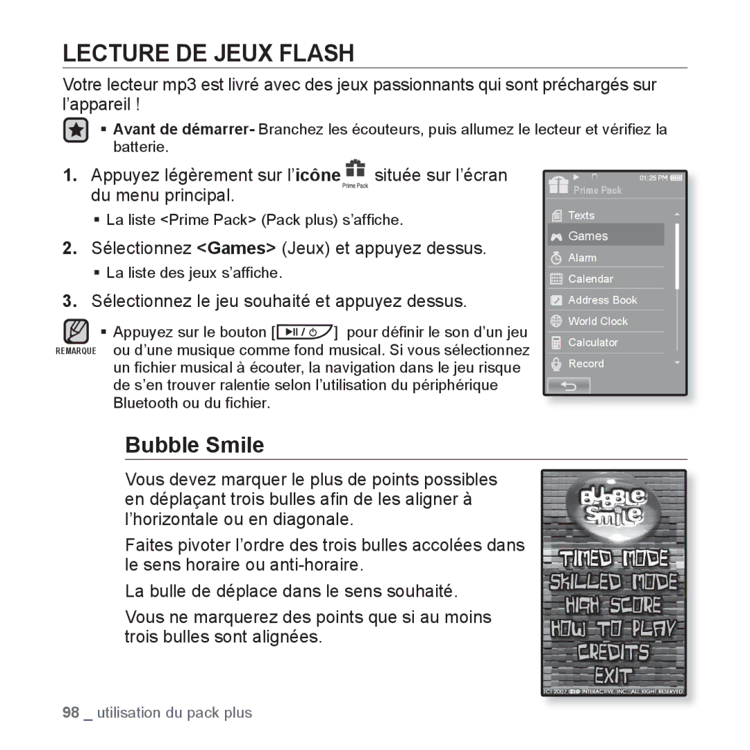 Samsung YP-P2JQB/XEF, YP-P2JCB/XEF manual Lecture DE Jeux Flash, Bubble Smile, Sélectionnez Games Jeux et appuyez dessus 