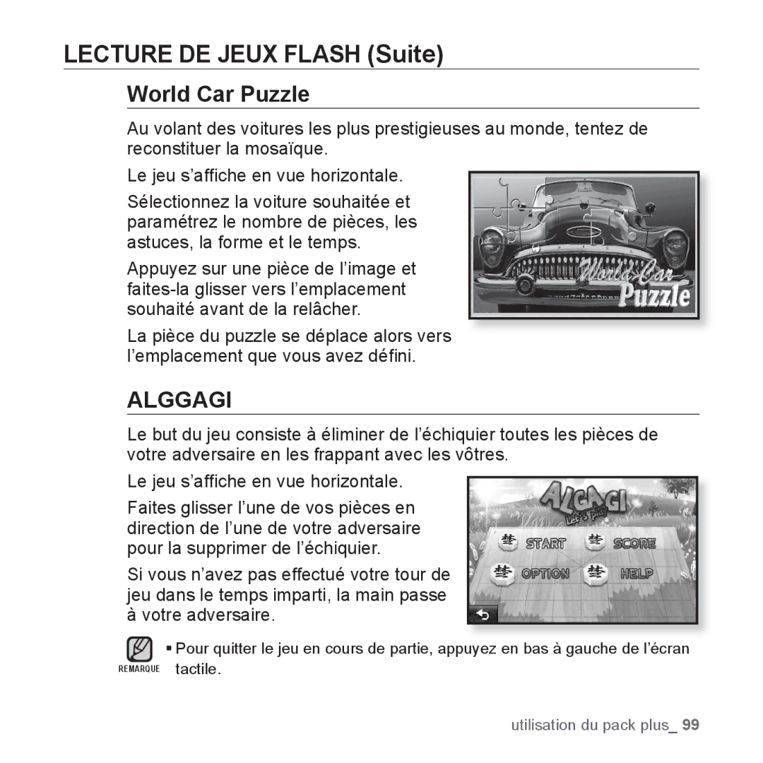 Samsung YP-P2JEB/XEF, YP-P2JCB/XEF, YP-P2JAB/XEF, YP-P2JCW/XEF, YP-P2JQB/XEF Lecture DE Jeux Flash Suite, World Car Puzzle 